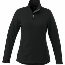 A women's black softshell jacket featuring long sleeves, a stand-up collar, and zippered front pockets.