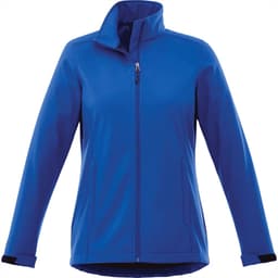 A women's softshell jacket in vibrant blue, featuring a zip closure and a high collar, with a logo on the chest.