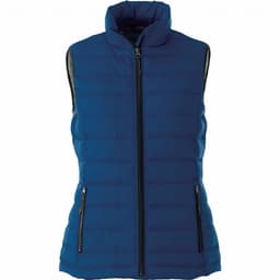 A blue insulated vest for women, featuring a zip front and side pockets, with a logo on the chest.