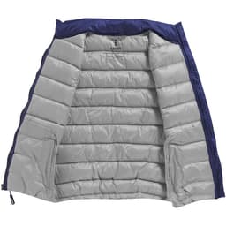 A women's Mercer Insulated Vest in navy blue, featuring a grey quilted interior and zippered closures.