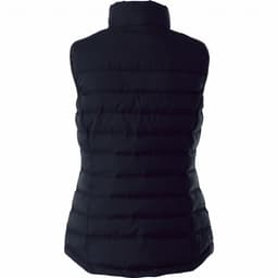 A women's black insulated vest with a fitted design, featuring vertical stitching and a high collar.