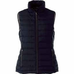 A navy insulated vest for women featuring a zip front, high collar, and two zipped pockets. It has a logo detail.