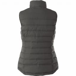A women's insulated vest in a dark green colour with a padded design and a high collar. It features a logo.
