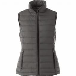 A grey insulated vest with a high collar, zippered front, and side pockets, featuring a logo.