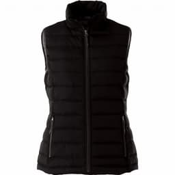 A black insulated vest with a high collar and zippered pockets. It features a sleek, padded design and has a logo.