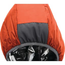 A packable women's jacket in orange and grey, featuring a hooded design. It has a logo on the fabric.