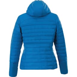 A women's insulated jacket in bright blue with a hood and a quilted design at the back. Features a brand logo.