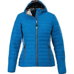 A blue women's packable insulated jacket with a hood, featuring a zip front and side pockets.