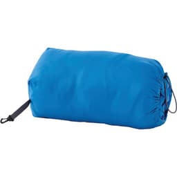 A packable women's jacket in bright blue, neatly compressed for storage with a drawcord closure.