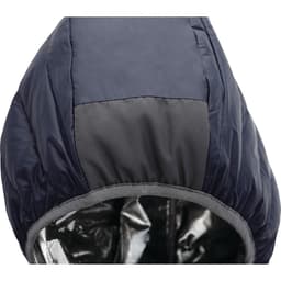 A hooded women's puffer jacket in navy blue, featuring a smooth, shiny interior and a logo on the exterior.