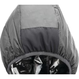 A black packable insulated jacket featuring a hood, with an inner lining visible. It has a logo on the exterior.