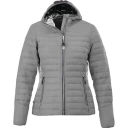 Packable women's jacket in grey, featuring a hood, zip closure, and two front pockets. Includes a logo.