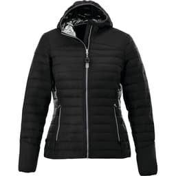 A women's black packable insulated jacket with a hood and zippered front, featuring contrasting interior lining.