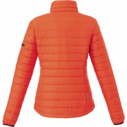A women's puffer jacket in vibrant orange, featuring a sleek design and a branded logo on the sleeve.