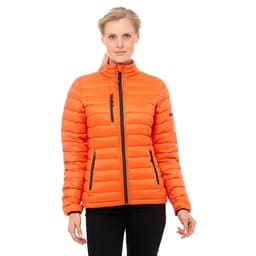 A woman is wearing an orange puffer jacket with a zippered front and side pockets, featuring a branding logo.