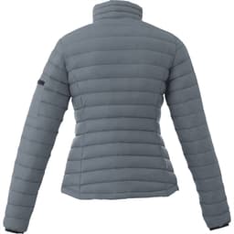A women's puffer jacket in grey with a high collar and fitted design, featuring a logo on the sleeve.