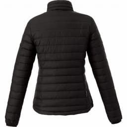 A women's puffer jacket in black, featuring a quilted design and a high collar. The jacket has a logo on the back.