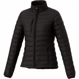 A black women's puffer jacket with a zippered front and pockets, featuring a branded logo on the sleeve.