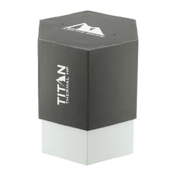 A drink bottle with a hexagonal design, featuring a black top and a silver base, includes a logo.