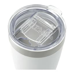 A drink bottle in white with a silver band and a clear lid featuring a sliding closure and a logo.