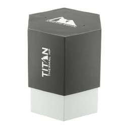 A drink bottle in dark grey and white, featuring a hexagonal shape and a branded logo.