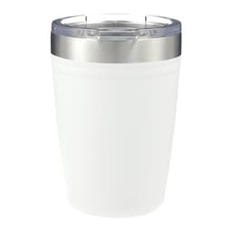 A drink tumbler with a frosted white body and a stainless steel rim, featuring a clear lid.