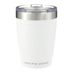 A drink bottle featuring a frosted white design with a stainless steel lid and a logo. Suitable for various beverages.