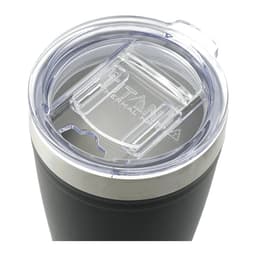 A drink bottle with a black exterior and a clear lid featuring a slot for a straw. It has a logo on the side.