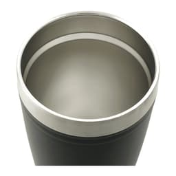 A drink bottle with a sleek black exterior and stainless steel interior, featuring a logo on the surface.
