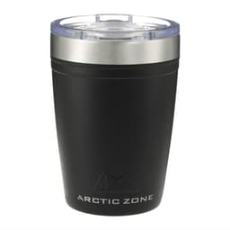 A drink tumbler in matte black with a stainless steel lid, featuring a logo on the front.