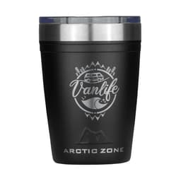 A drink bottle in matte black with a metal rim and a logo featuring outdoor themes. Capacity of 350ml.