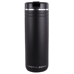 A drink bottle in matte black with a silver band and a lid, featuring a logo. Suitable for thermal beverages.