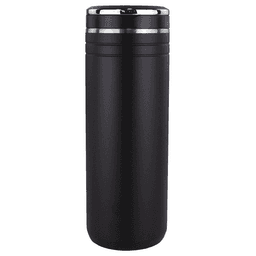 A drink bottle in matte black with a silver band and a straw opening at the top, featuring a logo.