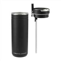 A drink bottle in matte black, featuring a straw lid and a plastic base, with a logo on the front.