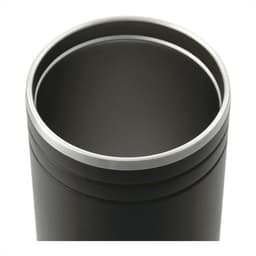 A drink bottle with a sleek black exterior and a stainless steel rim at the top. It features a logo.