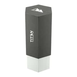 A drink bottle with a hexagonal design, featuring a dark grey upper section and a light grey base. Includes a logo.