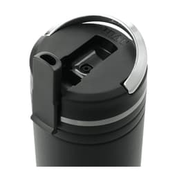 A drink bottle in black with a silver accent, featuring a straw opening and a secure lid. Branding is visible.