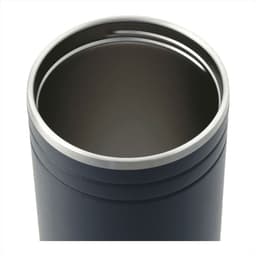 A drink bottle with a dark exterior and stainless steel interior, featuring a smooth lip and a logo.