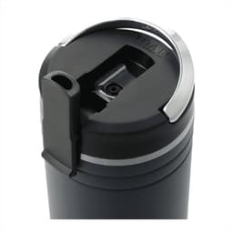 A drink bottle in black with a silver lid and a straw opening, featuring a logo on the top.