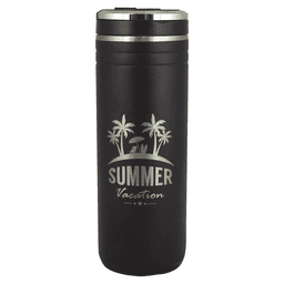 A drink bottle made of plastic, featuring a matte black finish, with a silver lid and a logo design.