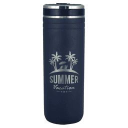 A drink bottle in navy blue with a straw, featuring a palm tree design and a logo.
