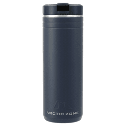 A drink bottle in navy blue with a stainless steel lid and a logo. Designed for thermal retention.