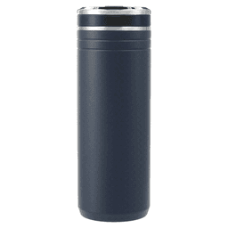 A drink bottle in navy blue, featuring a sleek design and a silver band, with a removable straw top.