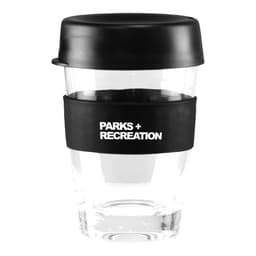 A drink bottle with a transparent body, black lid, and black band, featuring a logo on the band.