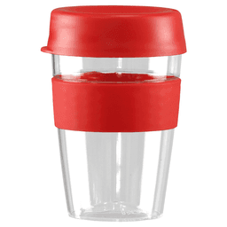 A drink bottle with a clear body, red lid, and red silicone band, designed for carrying beverages.