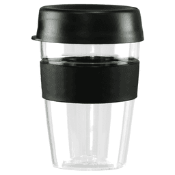 A drink bottle with a transparent body, black lid, and a black band. It has a capacity of 360ml.