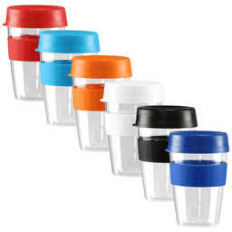 A drink bottle set featuring six Tritan carry cups with lids and bands in various colours: red, blue, orange, white, black, and clear.