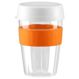 A drink bottle with a clear body, white lid, and orange silicone band, holding 360ml. It features a branding logo.