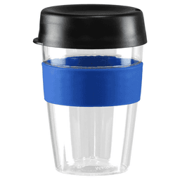 A drink bottle featuring a clear body, a black lid, and a blue silicone band. It has a logo on the surface.