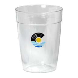 A drink bottle in clear plastic featuring a logo with waves and a sun design.